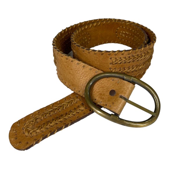 Vintage Accessories - Vintage Tan Leather Woven Belt 32 Boho Western Coastal Cowgirl Casual